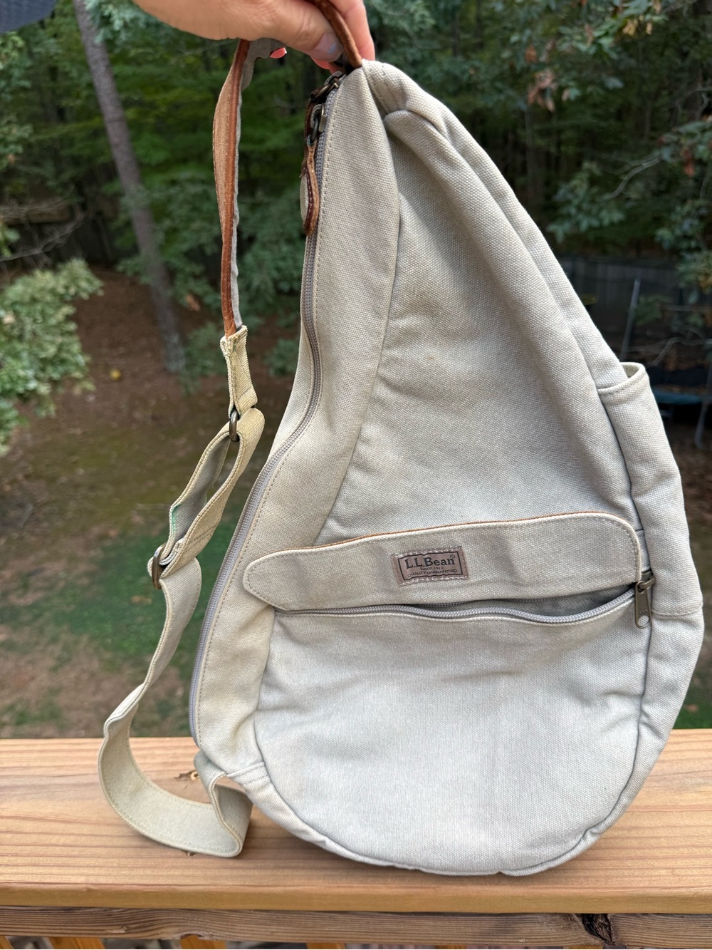 L.L. Bean Canvas Sling Backpack in Light Beige with Tan Leather Accents